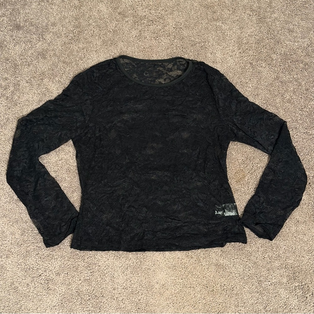 Black Lace See-Through Long Sleeve Blouse